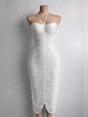 White Evening Dress Halter Fringe Bodycon Stretch Size XL New